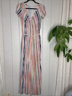 Striped V-Neck Maxi Jumpsuit with Ring Detail with Pockets